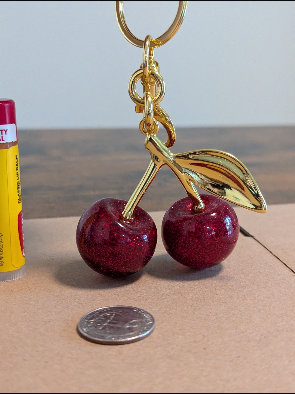 Dark Red Glitter Cherry Bag Charm Keychain NWOT